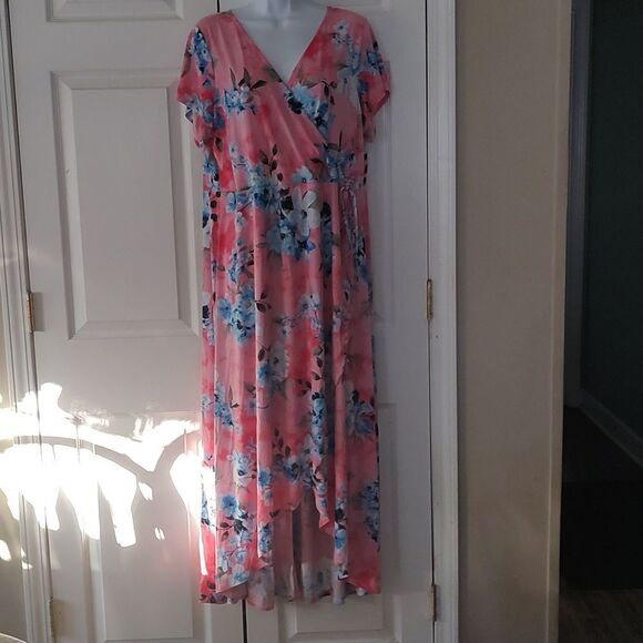 Pink floral high low short sleeve tropical faux wrap dress Sz 1XL NWOT - Picture 1 of 6